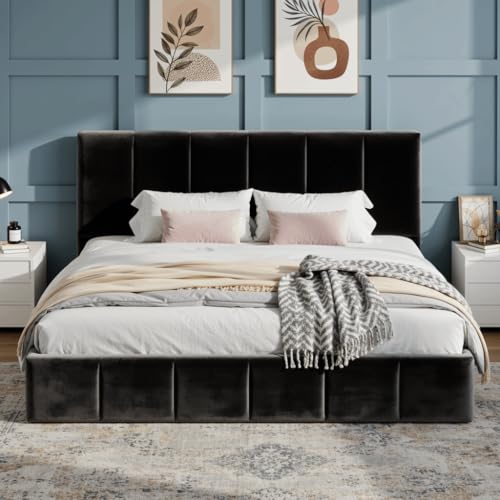 SHA CERLIN King Size Bed Frame Velvet Upholstered Platform Bed Vertical Channel Tufted Adjustable Headboard Low Profile Bed Frame No Box Spring Needed Easy Assembly Black