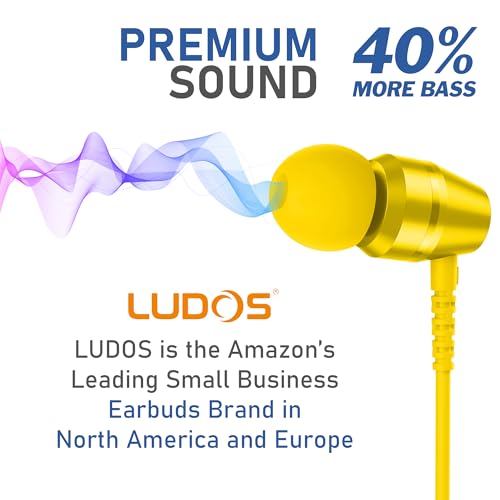 Image of LUDOS OMNITONE Wired Earbuds in-Ear Headphones, 5 Year Warranty, Earphones with Microphone, 3.5 mm Jack Corded Ear Buds, Videoconference for iPhone, Samsung, Laptop, Kids, School Students - Yellow