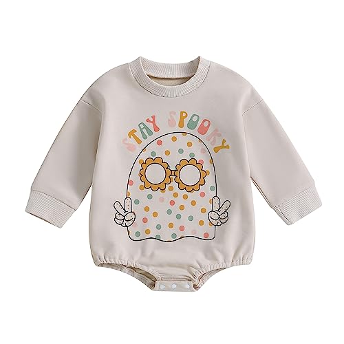 Image of FIOMVA My First Halloween Onesie For Baby Girl Boy Newborn Pumpkin Outfit Fall Oversized Sweatshirt Bubble Romper Clothes (A Spooky Letters, 0-3 Months)