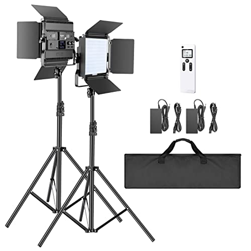 NEEWER 2 Luces LED de 2,4 G con Soporte de 2 m, 200 SMD CRI 96 +/U Soporte/Barndoor/Pantalla LCD, Kit de iluminación de vídeo para fotografía de Estudio, Mando a Distancia/Funda incluida