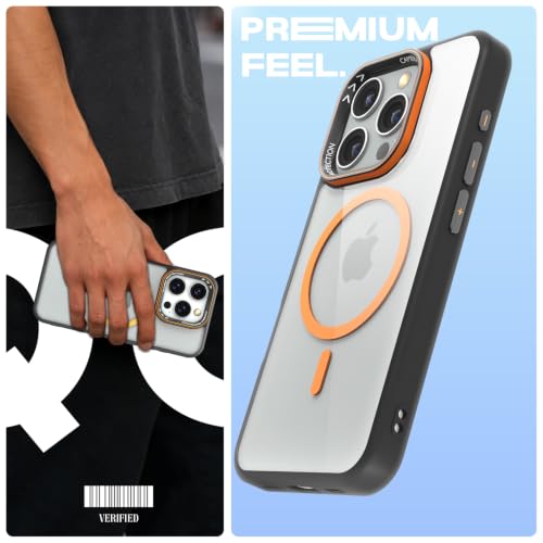Image of Pikkme Back Cover for iPhone 16 Pro | Shockproof | Mag-Safe Compatible | Hard Transparent Back | Premium Raised Camera Protection | Bumper Case (Black & Orange Mag-Safe)