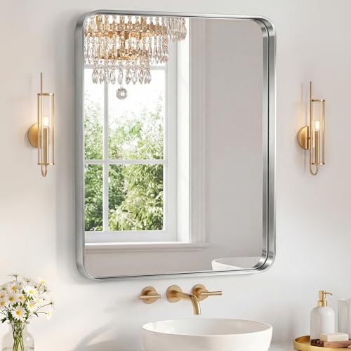 Image of Sweetcrispy Bathroom Mirror 36x30 Inch Metal Framed Rounded Rectangle Vanity Mirror for Wall, Over Sink, Farmhouse, Restroom, Anti-Rust, Modern Decorative, Horizontal or Vertical Hanging, Silver