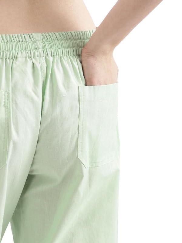 Image of SAADAA Women's Airy Linen Straight Pants | Regular Fit Trousers | Half Elasticated with Drawstrings & Buttons | 4 Pockets | Everyday & Office Wear