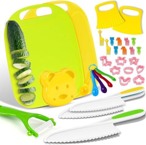 Cheffun Couteau Enfant, Kit Couteau Sécurité de Cuisine pour Enfants 33 Pièces avec Éplucheur, Planche à Découper, Couteau Montessori pour Couper des Fruits ou Légumes, Cadeau Enfant 2 3 4 5 6 Ans