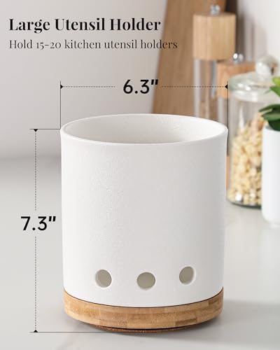 Image of LoeJan 360 Rotating Ceramic Utensil Holder for Kitchen Countertop - Cooking Utensil Crock Organizer with Non-Slip Cork Base for Farmhouse Kitchen Decor, Textured White