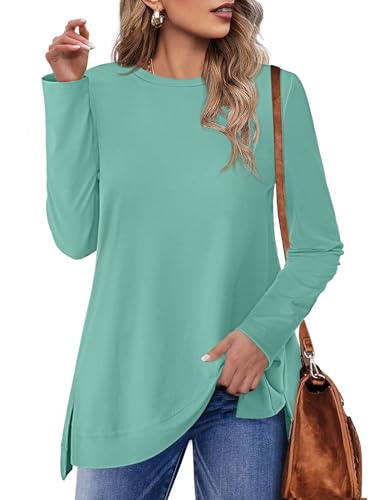 JUSTFASHIONNOW Long Sleeve Shirts for Women Casual Crew Neck Side Split Fall Tops Loose Fit Tunic 2025 Fashion Outfits2