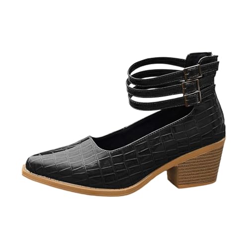 Escarpins noirs en cuir verni crocodile avec sangles et talon bloc chic