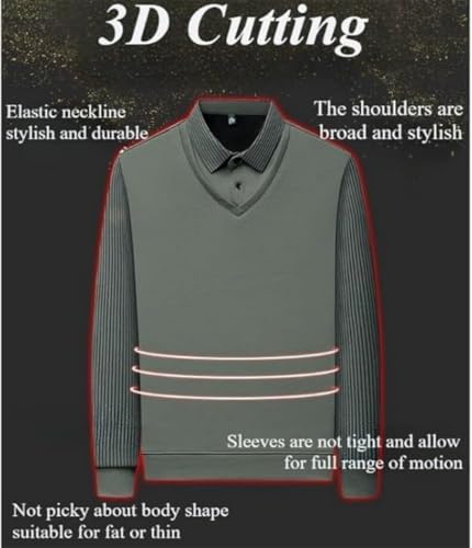 Men's Striped Lapel Fake Two-Piece Shirt Long Sleeve,Fake 2-Piece Knitted Shirt Polo Shirts Casual Sweater4