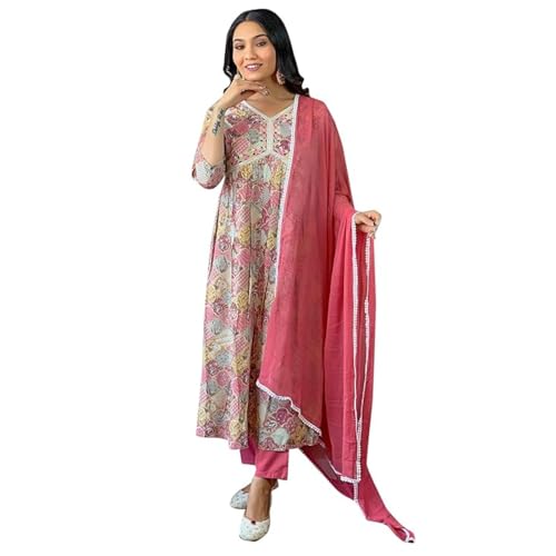 Image of Navlik Women's Viscose Rayon Embroidered and Printed Flared Kurta with Pant and Dupatta Sets (NK-411)