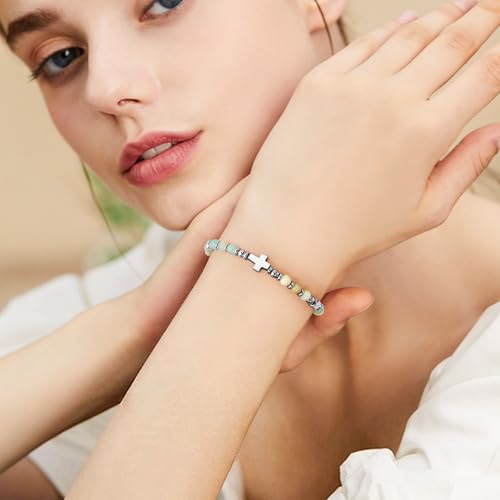 VIBILIA Cross Beaded Bracelets for Women, Silver Bracelets, Heart Boho Bracelets for Women, Birthday Gifts for Women Mom Daughter Wife Sister Coworker Friend on Christmas Thanksgiving2