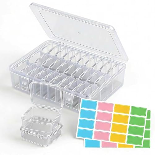 30PCS Kleine Aufbewahrungsboxen (5,5x5,5x2cm) & 1 Große Perlen Aufbewahrungsbox mit 2 Etiketten - Ideal für Perlen, Schmuck & Kleinteile. Robust, transparent & stapelbar für Haushalt & Hobby