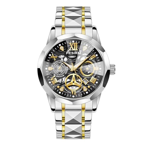 Image of Watch for men,Men's skeletonized quartz watch with black and gold two-tone stainless steel case, analog display, date display, water-resistant, luminous display, men's waterproof quartz watch. (Black dial and silver strap)