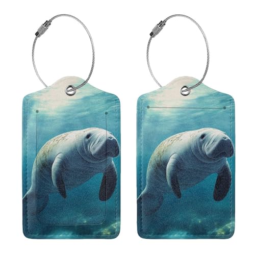 Buyidec 2 Pack Manatee Swimming Luggage Tags for Suitcases, Leather Baggage Tag with Loop, Funny Cool Name Id Card Cover Travel Bag Labels Set for Women Men Boys Girls Kids