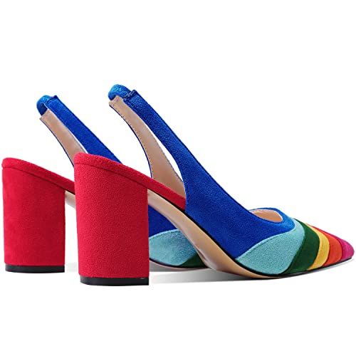 LEHOOR Women Rainbow Slingback Pumps Suede Chunky Block High Heel Dress Shoes Closed Pointed Toe Sandals Elastic Ankle Strap Office Work Shoe Multicolored Patchwork Wedding Party Prom Spring 4-13 M US4