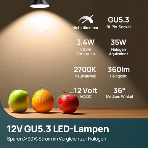 Linkind 12V GU5.3 Led 3.4W, 35 Watt ersetzt, 2700K Warmweiß 36° Abstrahlwinkel LED Spot MR16, 360Lm AC/DC 12V LED Leuchtmittel, 25… – Ansicht 2
