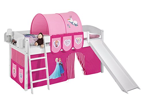 Lilokids Hochbett IDA in Weiss mit RUTSCHE und rosa Frozen/Eiskönigin/Anna & ELSA Vorhang. Kinderbett & Spielbett Cover