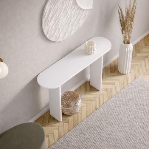 Image of Furniture Modern Solid Wood Console Table with Rounded Edges, Natural Finish, Minimalist Scandinavian Style Entryway Furniture (Style 1, White, 115x30x80 cm)