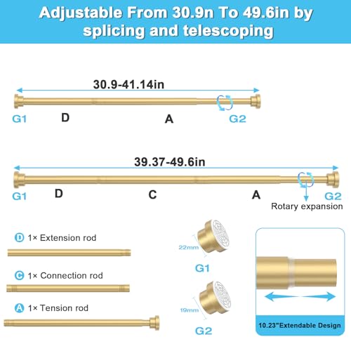 Image of Tension Curtain Rod 30 To 49 Inch Gold Tension Rods Adjustable Spring Loaded Curtain Rods 7 /8 inch Curtains Rods No Drilling Tension Rods For Windows Bedroom Closet Doorway Door 2pcs