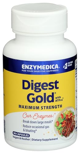 Enzymedica Digest Gold + ATPro, Maximum Strength Digestive Enzymes, Helps Digest Large Meals for Instant Bloating Relief, 90 Count