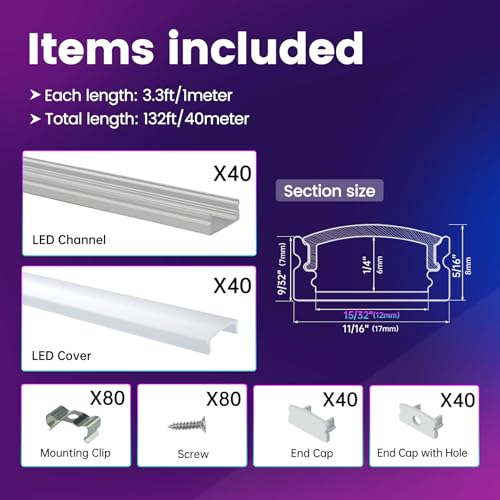 Image of Muzata 40Pack 3.3FT /1M LED Channel Aluminum U Shape Silver LED Strip Diffuser Channel with Milky White Cover Easy Installation U1SW WW 1M