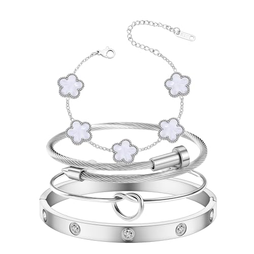 Womens 4Pcs Stackable Floral Gold Bracelets Stainless Steel Bangle Bracelets Non Tarnish Silver Set Trendy Jewelry Gifts for Womens