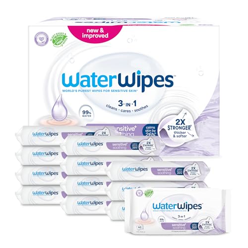 WaterWipes Sensitive+ Soothing Clean Wipes, Toallitas Calmantes, 720 unidades (paquete de 12), 3 en 1 Limpia, Cuida, Calma, 99% de agua con extracto botánico, Toallitas sin perfume para bebés
