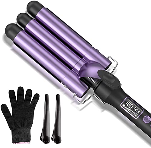 3 Barrel Curling Iron, 1 inch Hair Curler Wave Wand, 25mm Beach Waves Curling Iron with LCD Display, Professional Ceramic Triple Barrel Hair Crimper, Dual Voltage Heating Styling Tools