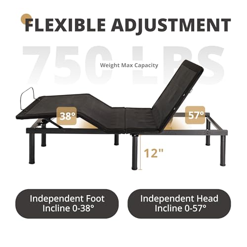 Image of EGOHOME Twin XL Adjustable Bed Frame with Massage,Zero Gravity | Wireless Remote,Independent Head and Foot Incline, 12 inch Adjustable Legs, LED Night Lights, 2 USB Ports,Zero Clerance