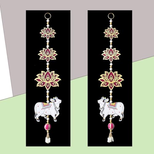 Image of Saugat Traders Handmade Lotus with Cow Hangings for Decoration, Home Decor, Pooja Room Temple, Main Door - Hanging for Main Door Entrance - Traditional Wall Hanging 1 Pair