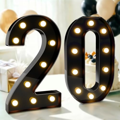 Image of Pooqla 20th Birthday Decorations for Boys, Large Black Light Up Numbers | Black Party Decorations, 12.6in Tall Big Marquee Numbers 20th Anniversary Birthday Gift for Boys Wedding Room Decor