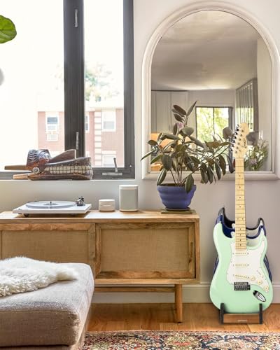 Image of STRICH Wooden Guitar Stand for Multiple Guitars, 3-Holder, Front Display Space-Saving Floor Guitar Rack for Home, Studio, Stage, Mahogany Color, GS-1M (For 3 Electric /Bass)