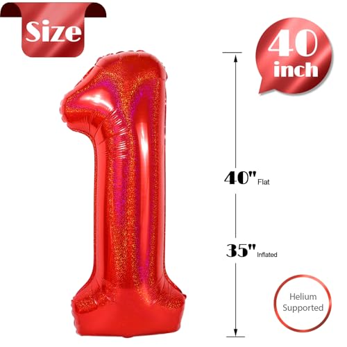 Image of 40 Inch Laser Red 1 Balloon for First Birthday, 1st Number Balloons Birthday Decorations, One Giant Number 1 Balloon