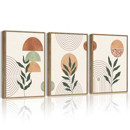 PHOPAGO Boho Abstract Wall Art Botanical Mid Century Modern Framed Wall Prints Neutral Bohemain Sage Decor for Farmhouse Kitchen - 11x14in Natural Framed