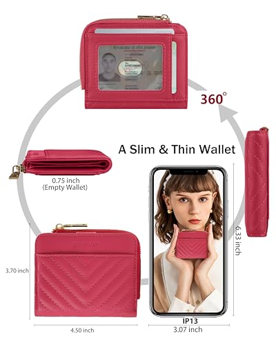 Image of Small Bifold Wallets Woman RFID Mini Wallet for Women Slim Card Holder with Zipper Coin Pocket & 2 ID Windows (Hot Pink)