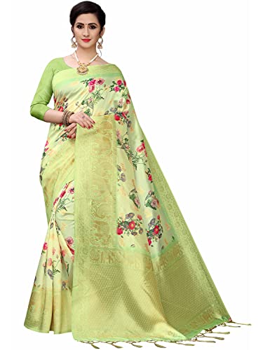 Leeza Store Damen Jacquard Baumwolle Seide Bollywood Stil gewebt goldene Zari Bordüre und Pallu Digital bedruckt Saree mit ungenähtem Blusenstück, Zitronengelb, 5.5m Cover