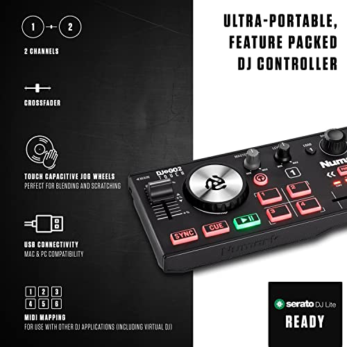 Image of DJ Controller Bundle - USB DJ Controller with 2 Decks, Audio Interface, Touch Capacitive Jog Wheels, DJ Headphones - Numark DJ2GO2 Touch and HF175