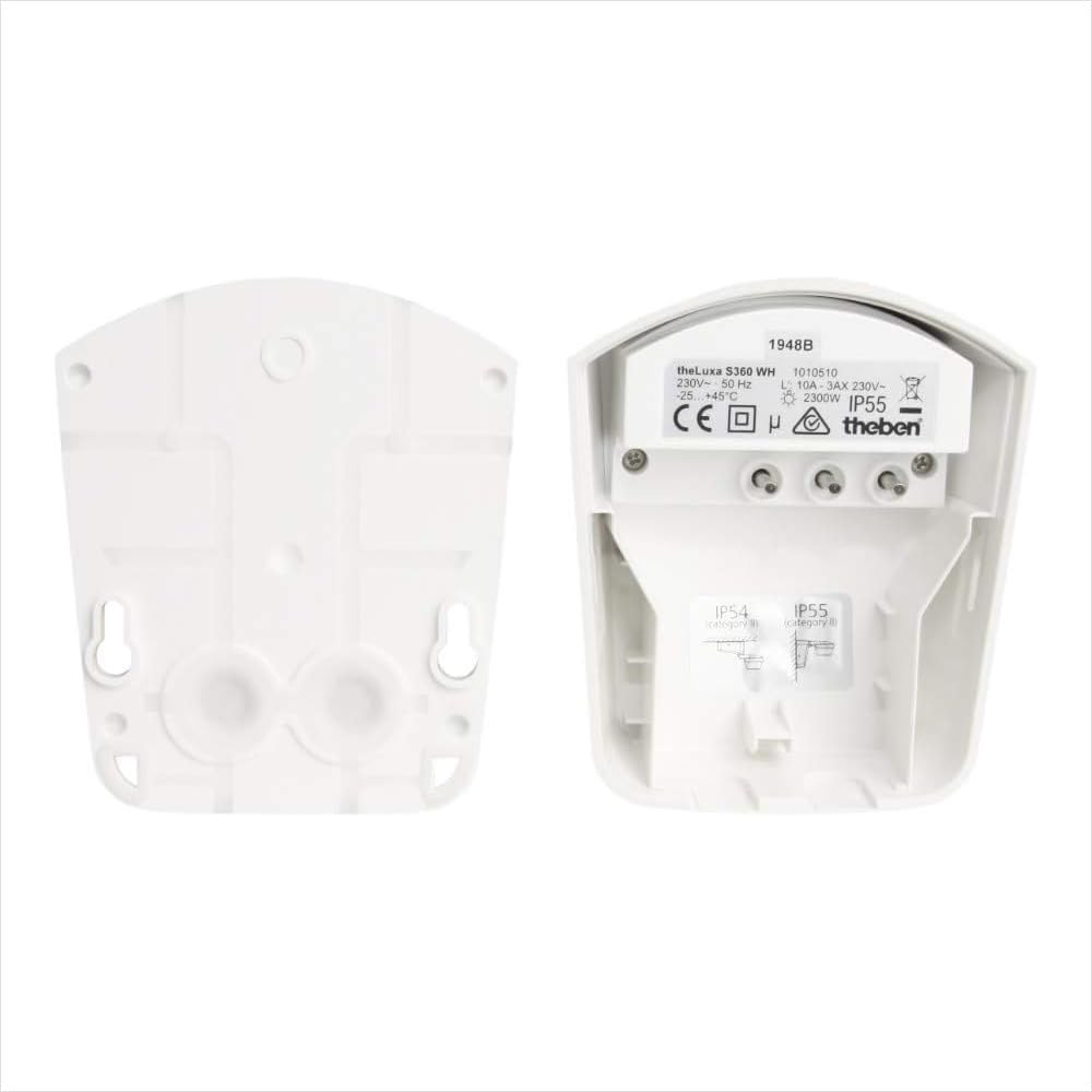 Theben 1010510 theLuxa S360 WH Bewegungsmelder 360° 32 m Wand/Decke außen | IP66, PIR, 1 s - 20 min, 500 W LED, Bereichseingrenzung, Empfindlichkeit reduzierbar, Mischlichtmessung, Impulsfunktion, weiß