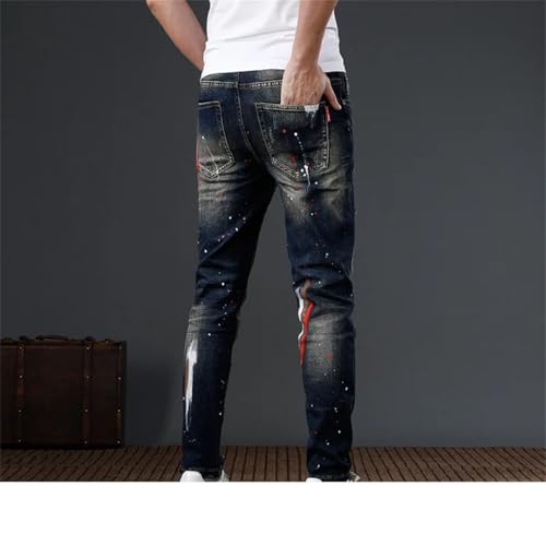 Men Patch Motorcycle with Broken Holes Splatted Ink Paint Slim Fit Small Feet Motorcycle Jeans3