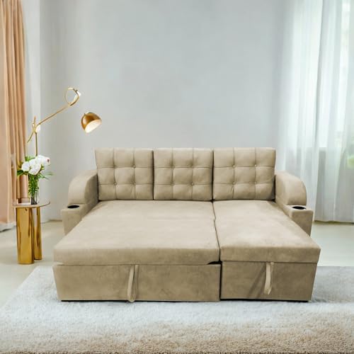 Image of Casaliving Grance RHS 4 Seater Corner Sofa Cum Bed for Living Room with Storage (Cream Fabric) Premium Fabric Sofa Cum Bed