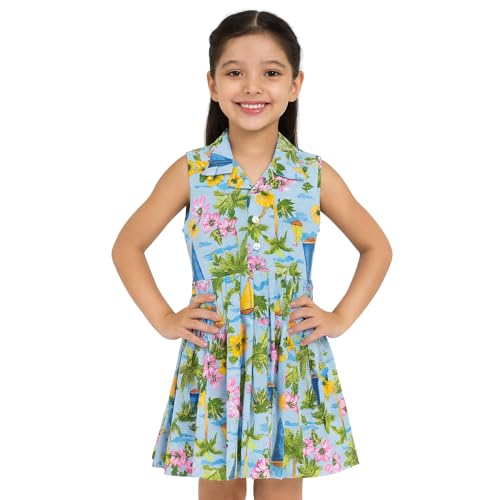 Image of Girls Printed Knee Length Fit and Flare Sleeveless Collar Dress