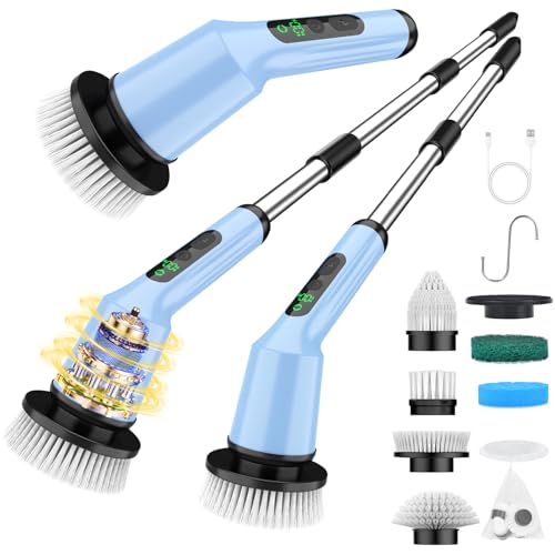 Image of Shower Scrubber with Long Handle, Shower Cleaner Brush with 8 Brush Heads, Cordless Electric Spin Scrubber for Cleaning with 2 Speed, Cleaning Supplies for Bathroom Bathtub Kitchen Floor Tile Toilet