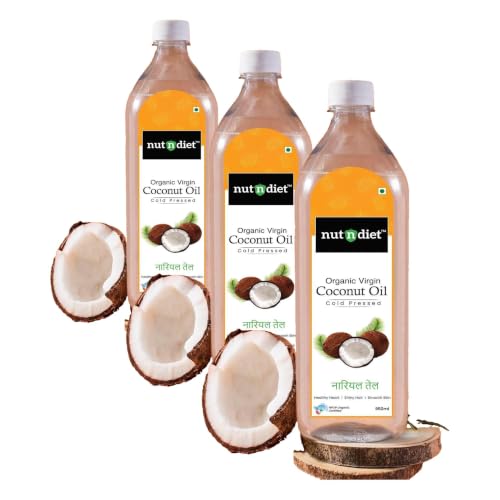 Image of nutndiet Extra Virgin Coconut Oil, Cold Pressed & Pure Organic | Ideal for Baby Massage, Hair Care, Skin Care, and Cooking | 950ml PET Bottle for Daily Use (Pack of 3)