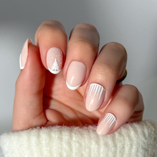 Glamnetic Press On Nails Winters Tale | Short Oval Fake Nails with White French Tips 3D Tree & Snow Design Glossy Finish Salon Quality Winter Nails | 15 Sizes 30 Nail Kit with Glue