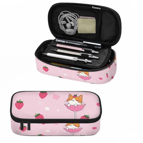 Image of Cute Cat Pencil Case Pink Fruit Strawberry Wine Glass Pencil Bag Pouch Box Organizer for College School Students Boy Girl