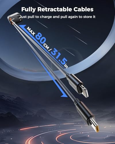Image of Sevenaire Retractable Car Charger, 69W Super Fast Car Charger with Cables, Type C & USB-A Ports, USB-C & L Retractable Cables (80cm),Compatible with iPhones,iPad, & Type C Android Phones