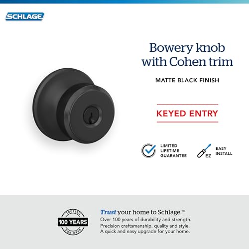 Image of Schlage F51A BWE 622 COH Bowery Door Knob with Cohen Trim, Keyed Entry Lock, Matte Black