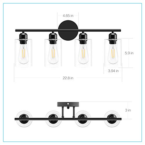 Espird 4 Light Bathroom Vanity Light Fixtures Black,Rustic Farmhouse Bath Vanity Light Over Mirror Sink Modern Industrial Wall Lamp Hallway lamp with Clear Cylinder Glass Shade - Thumbnail 7