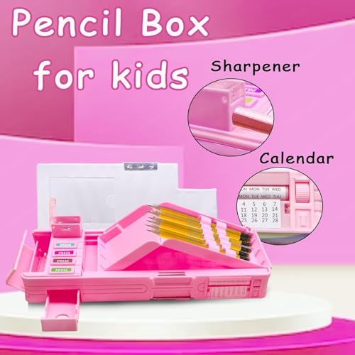Image of Plastic Multifunctional Cute Unicorn School Pencil Box for Girls - Multi Compartment Button Operated Unicorn Compass Box, Stationary Items- Pencil Case & Geometry Box for Kids, Pink