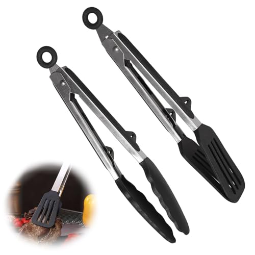 Pinzas de cocina, 2 pinzas de silicona de 9 pulgadas, incluye pinzas de comida y espátula, juego de pinzas de silicona para cocinar, servir y pinzas de ensalada para freír, cocinar, servir (negro)