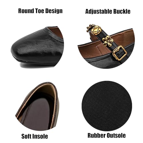 Women's Retro Leather Flat Mary Janes with Adjustable Metal Buckle Fashion Square Toe Slip On Soft Sole Ballet Flats for Business Casual Work Office2